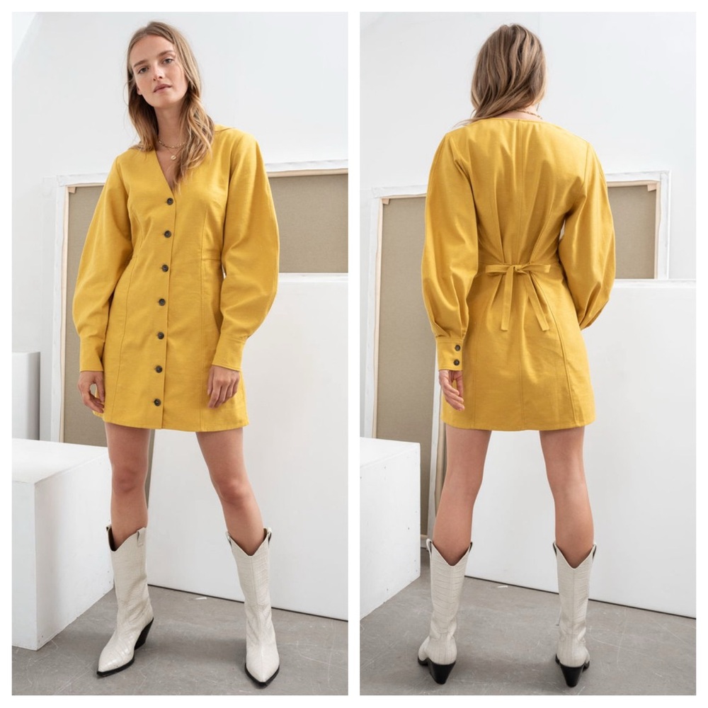 & Other Stories NWT Tailored Puff Sleeve Mini Dress V-Neck Structured Yellow - Picture 1 of 6